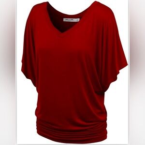 Lock and Love Women's Solid Short Sleeve Boat Crew Neck V Neck Dolman Top, M